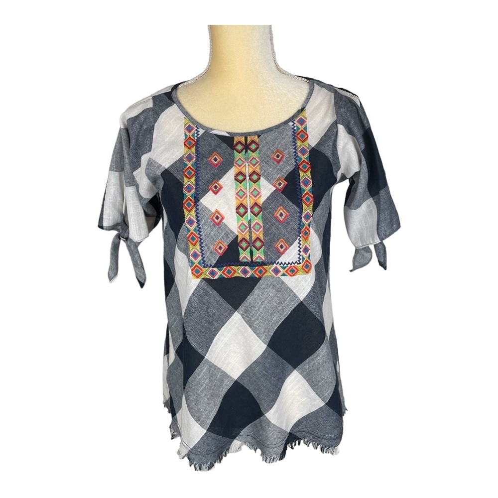 THML Blue White Gingham Check Boho Boxy Embroidered Blouse size XS